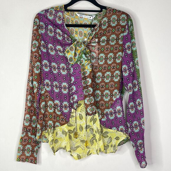 New Zara Boho Whimsy Goth Scarf Y2K Semi Sheer Jeweled Blouse Women's Size Small - Picture 1 of 7